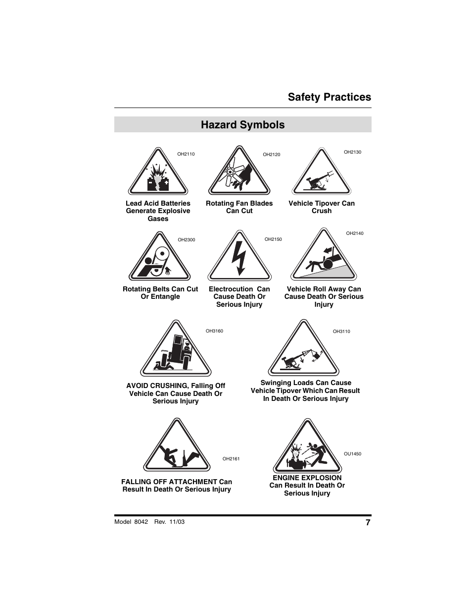 Hazard symbols, Safety practices | SkyTrak 8042 Operation Manual User Manual | Page 9 / 190
