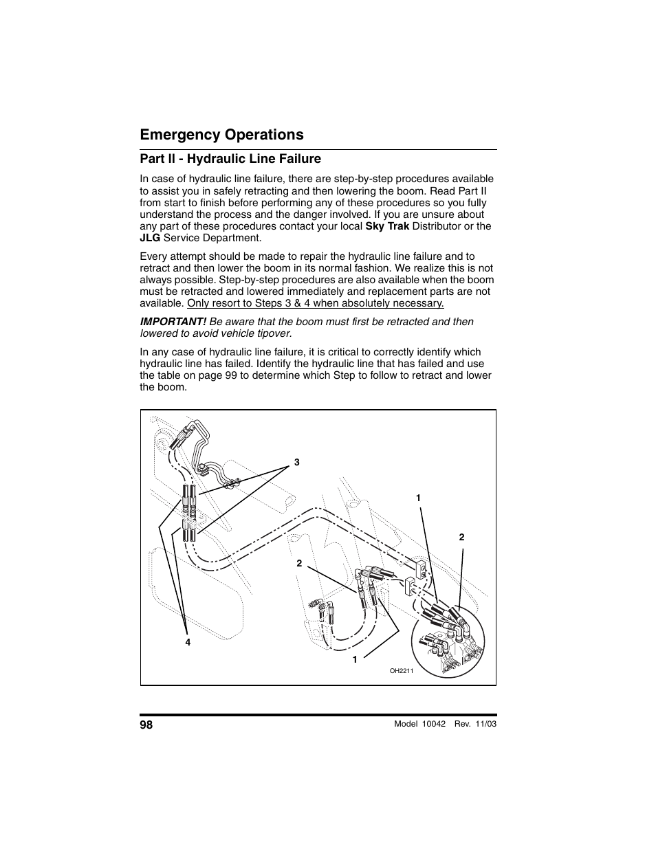 Part ll - hydraulic line failure, Emergency operations | SkyTrak 10042 Operation Manual User Manual | Page 100 / 196