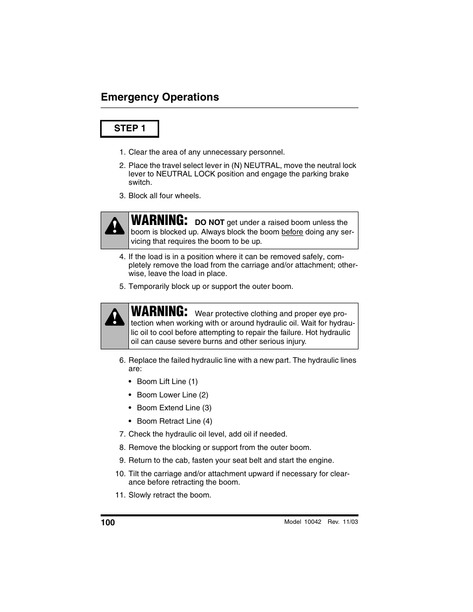 Step 1, Clear the area of any unnecessary personnel, Block all four wheels | Temporarily block up or support the outer boom, Check the hydraulic oil level, add oil if needed, Remove the blocking or support from the outer boom, Slowly retract the boom, Warning, Emergency operations | SkyTrak 10042 Operation Manual User Manual | Page 102 / 196