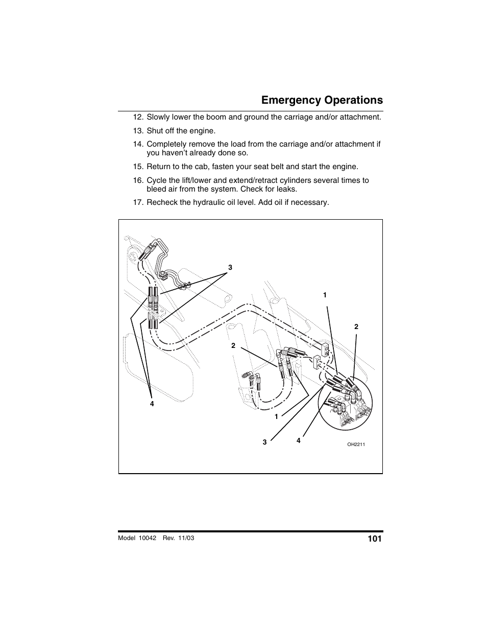 Shut off the engine, Emergency operations | SkyTrak 10042 Operation Manual User Manual | Page 103 / 196