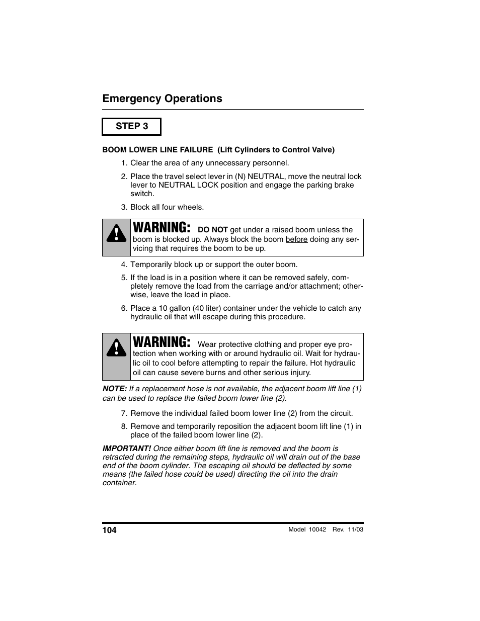 Step 3, Clear the area of any unnecessary personnel, Block all four wheels | Temporarily block up or support the outer boom, Warning, Emergency operations | SkyTrak 10042 Operation Manual User Manual | Page 106 / 196