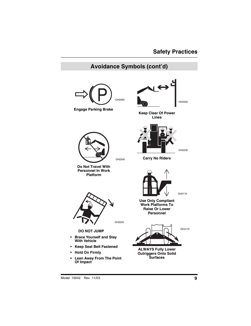 Avoidance symbols (cont’d), Safety practices | SkyTrak 10042 Operation Manual User Manual | Page 11 / 196