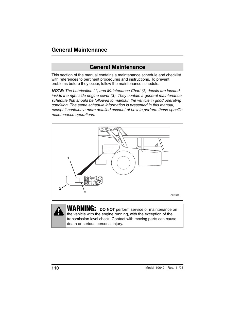 General maintenance, Warning | SkyTrak 10042 Operation Manual User Manual | Page 112 / 196