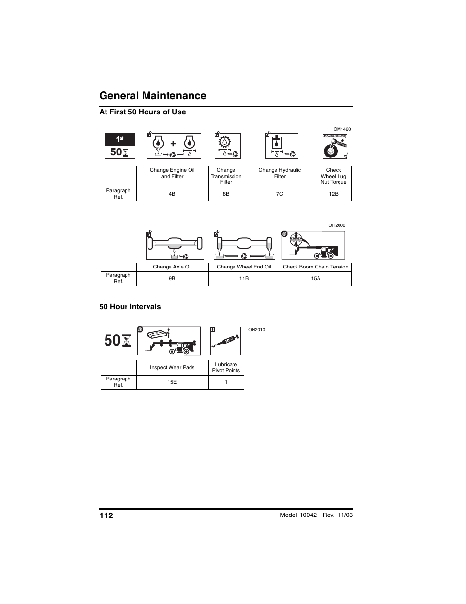 General maintenance, At first 50 hours of use 50 hour intervals | SkyTrak 10042 Operation Manual User Manual | Page 114 / 196