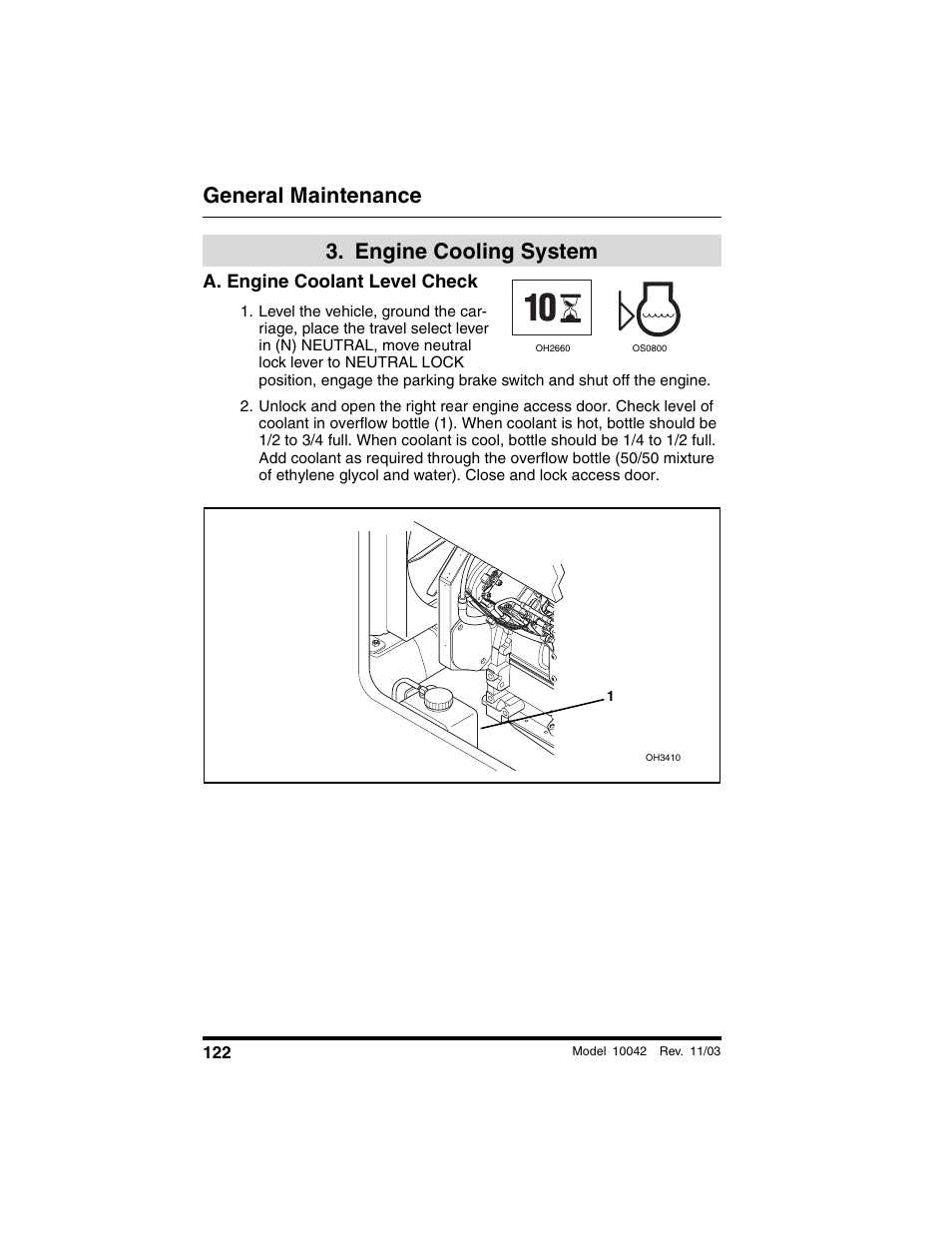  engine cooling system, A. engine coolant level check, Engine cooling system | General maintenance | SkyTrak 10042 Operation Manual User Manual | Page 124 / 196