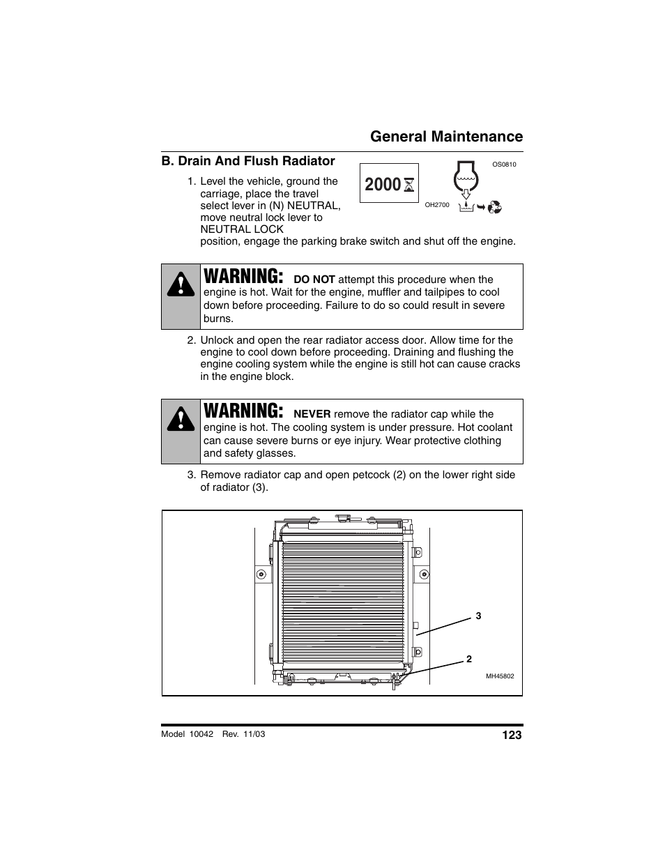 B. drain and flush radiator, Warning, General maintenance | SkyTrak 10042 Operation Manual User Manual | Page 125 / 196