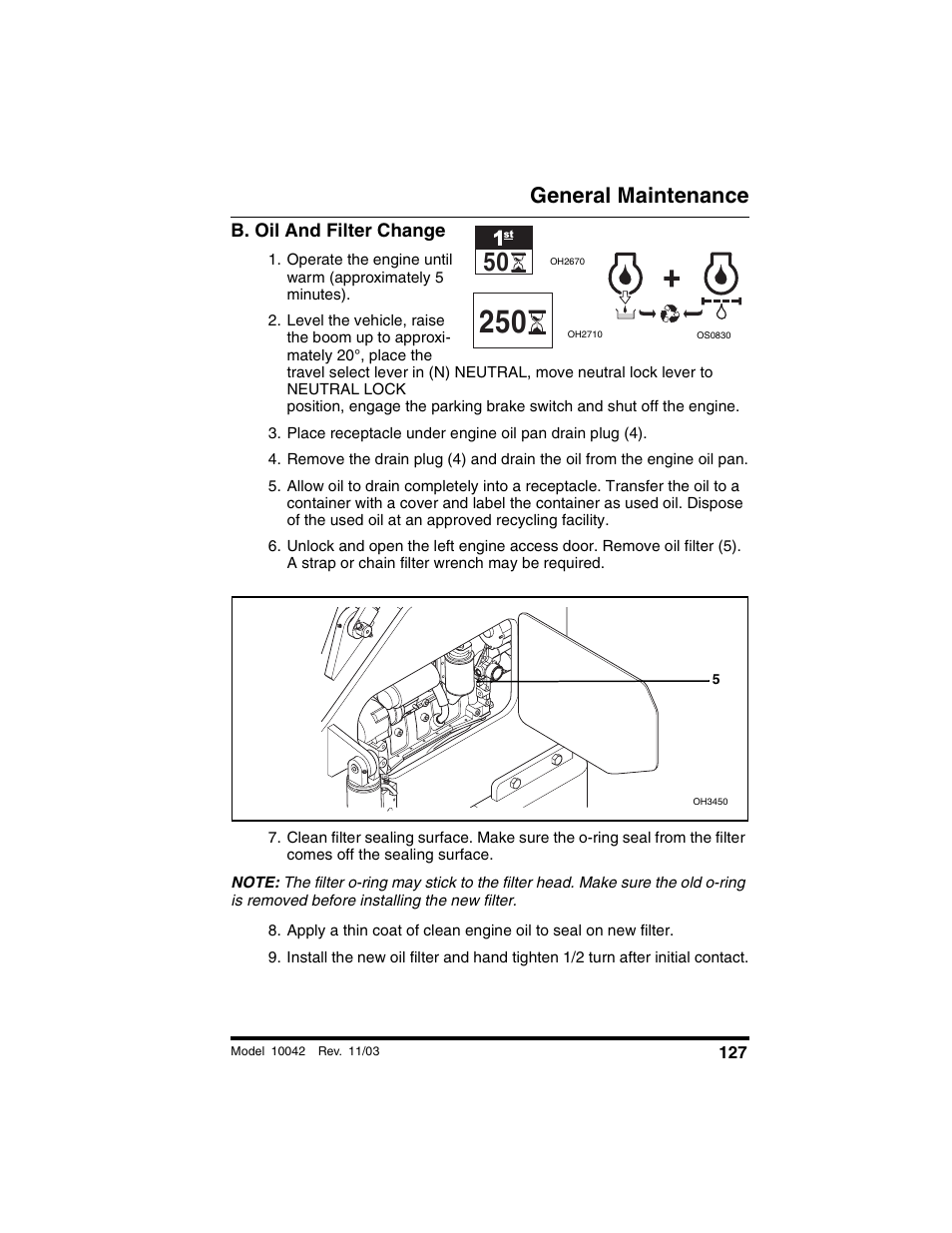 B. oil and filter change, General maintenance | SkyTrak 10042 Operation Manual User Manual | Page 129 / 196