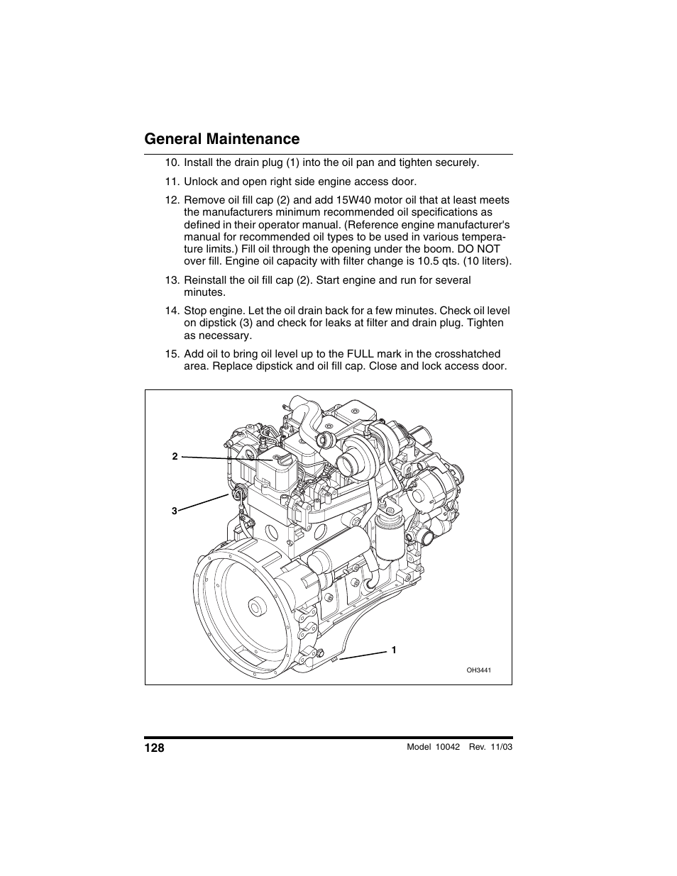 Unlock and open right side engine access door, General maintenance | SkyTrak 10042 Operation Manual User Manual | Page 130 / 196