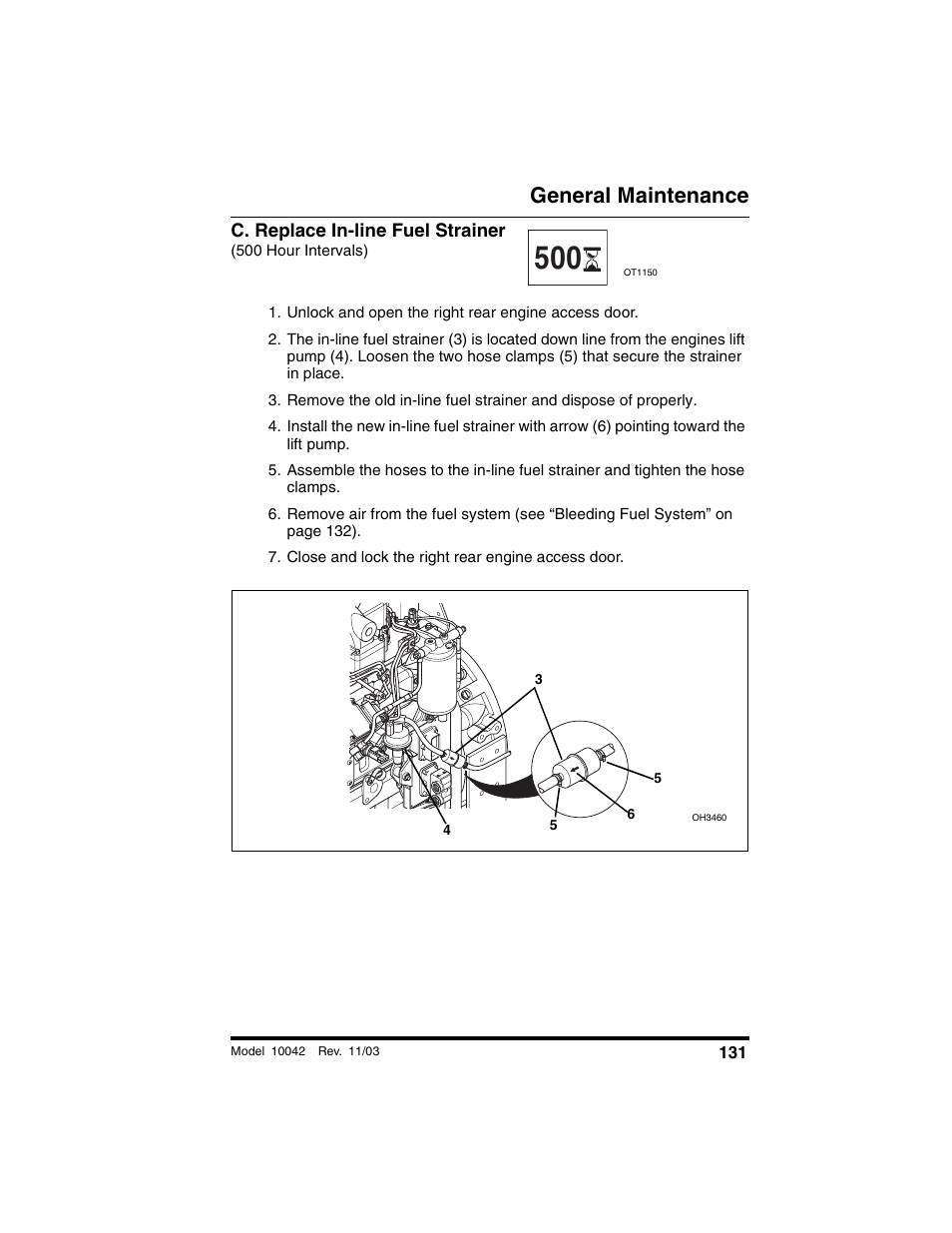 C. replace in-line fuel strainer, 500 hour intervals), Unlock and open the right rear engine access door | Close and lock the right rear engine access door, General maintenance | SkyTrak 10042 Operation Manual User Manual | Page 133 / 196