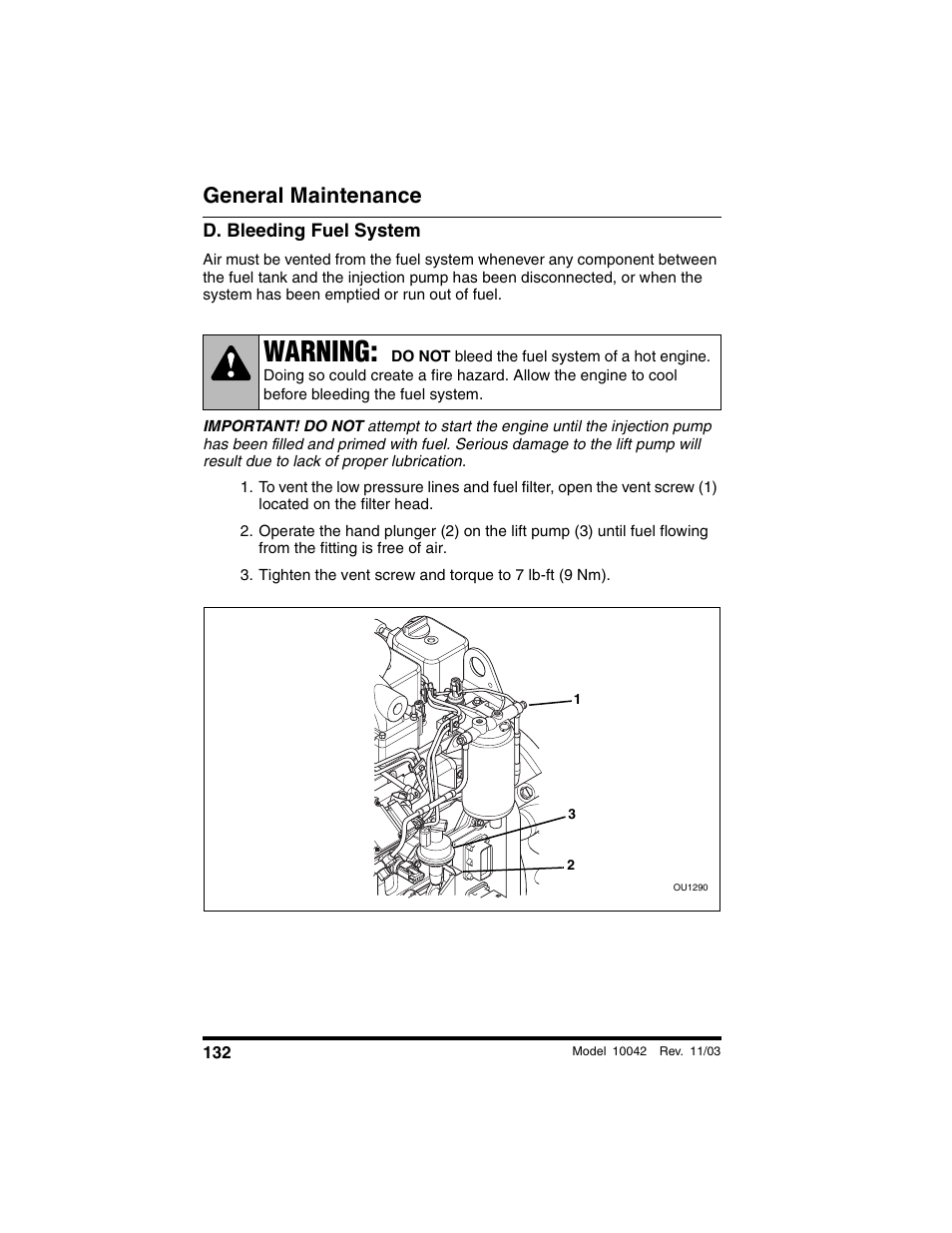 D. bleeding fuel system, Warning, General maintenance | SkyTrak 10042 Operation Manual User Manual | Page 134 / 196