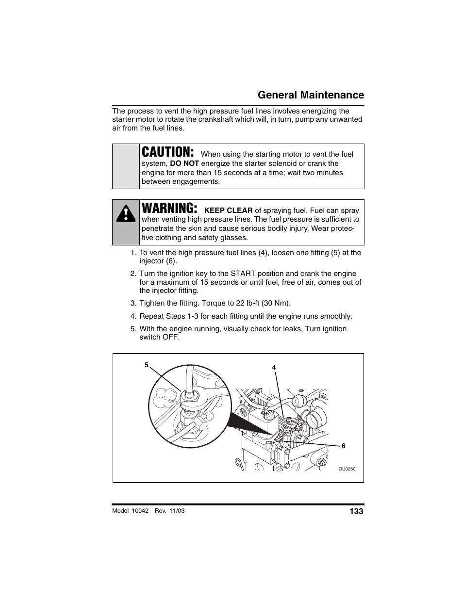 Tighten the fitting. torque to 22 lb-ft (30 nm), Caution, Warning | General maintenance | SkyTrak 10042 Operation Manual User Manual | Page 135 / 196