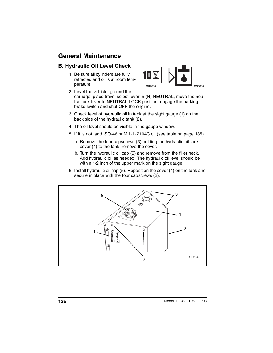 B. hydraulic oil level check, General maintenance | SkyTrak 10042 Operation Manual User Manual | Page 138 / 196