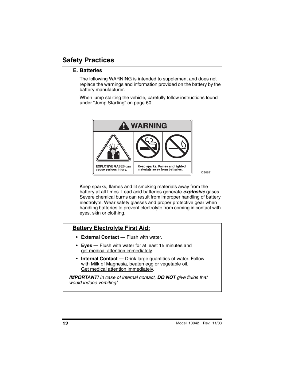 E. batteries, Battery electrolyte first aid, Safety practices | SkyTrak 10042 Operation Manual User Manual | Page 14 / 196