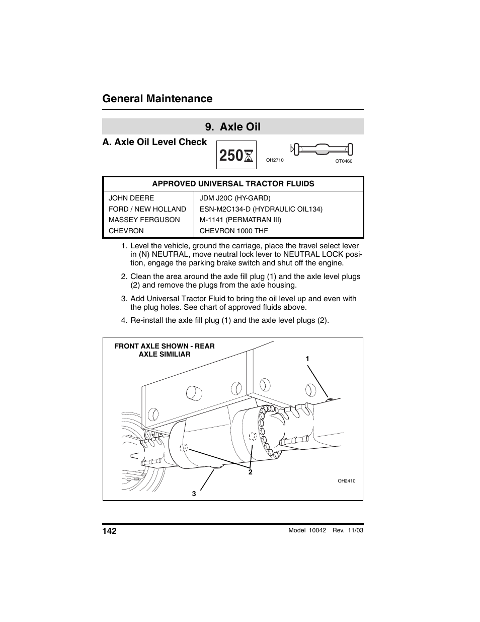  axle oil, A. axle oil level check, Approved universal tractor fluids | John deere, Ford / new holland, Massey ferguson, Chevron, Jdm j20c (hy-gard), Esn-m2c134-d (hydraulic oil134), M-1141 (permatran iii) | SkyTrak 10042 Operation Manual User Manual | Page 144 / 196
