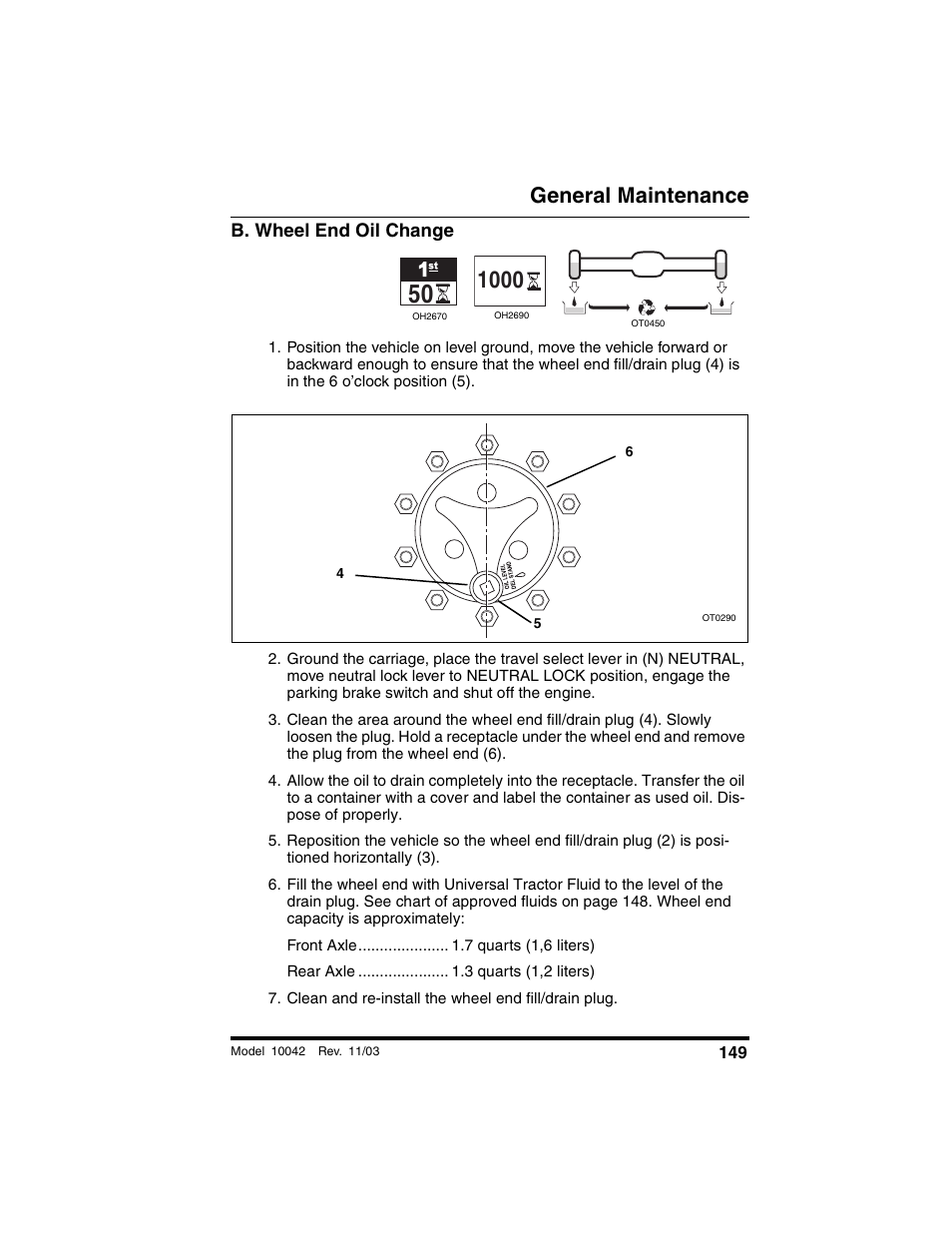 B. wheel end oil change, Clean and re-install the wheel end fill/drain plug, General maintenance | SkyTrak 10042 Operation Manual User Manual | Page 151 / 196