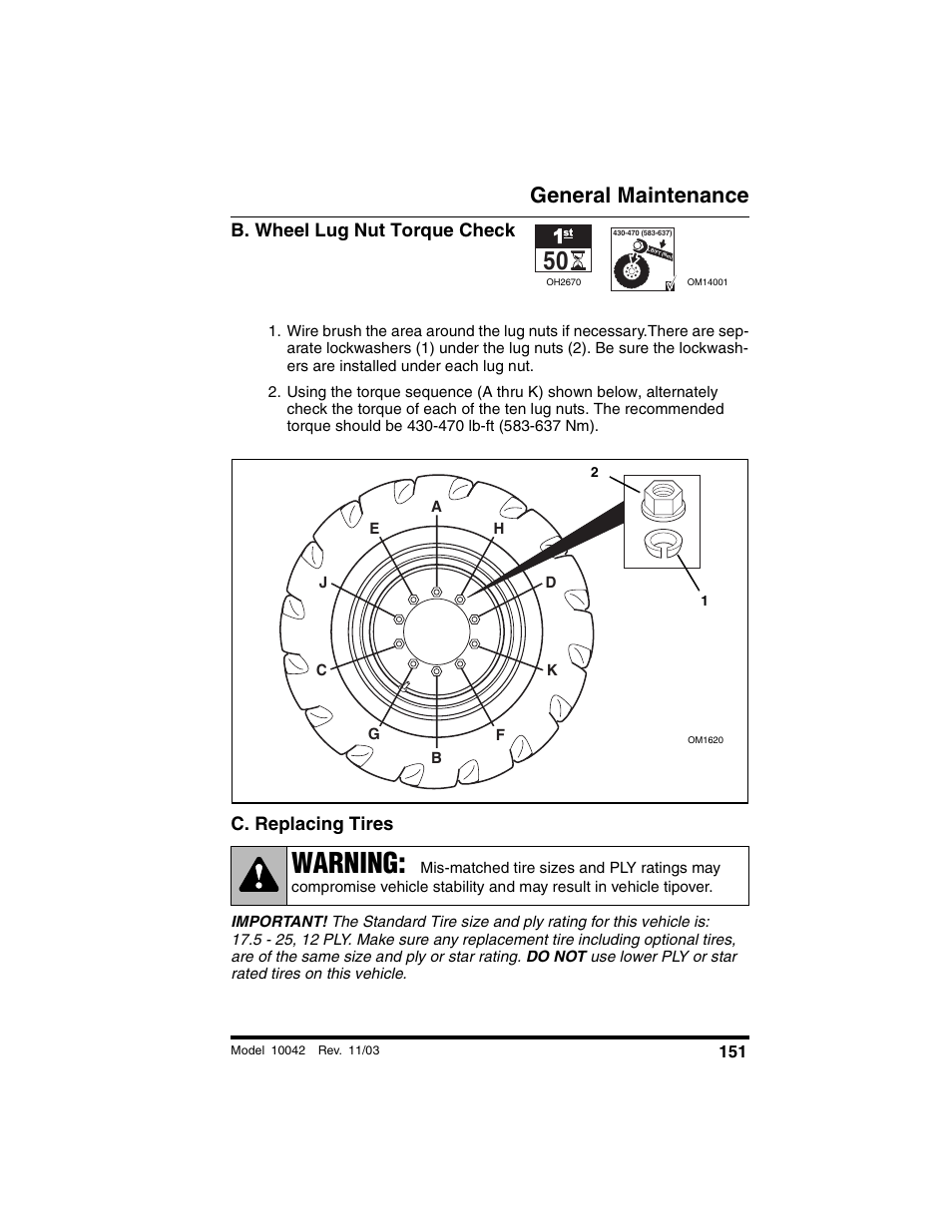 B. wheel lug nut torque check, C. replacing tires, Warning | General maintenance | SkyTrak 10042 Operation Manual User Manual | Page 153 / 196