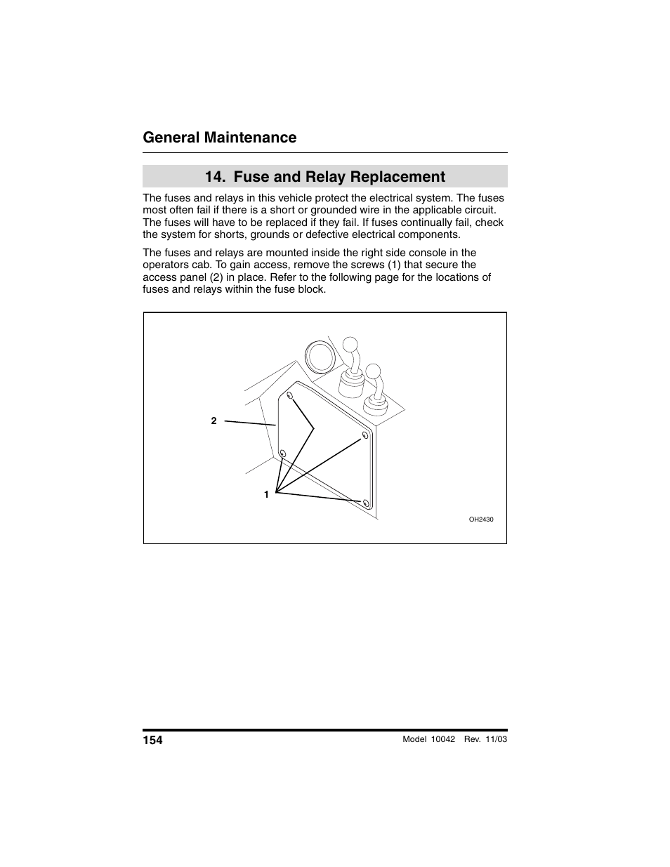  fuse and relay replacement, Fuse and relay, Replacement | General maintenance, Fuse and relay replacement | SkyTrak 10042 Operation Manual User Manual | Page 156 / 196