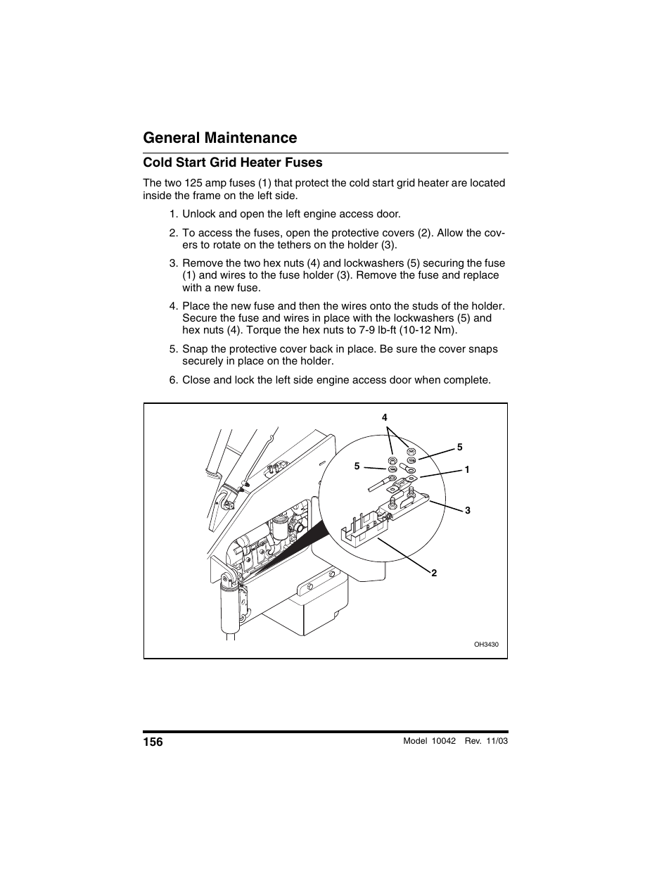 Cold start grid heater fuses, Unlock and open the left engine access door, General maintenance | SkyTrak 10042 Operation Manual User Manual | Page 158 / 196
