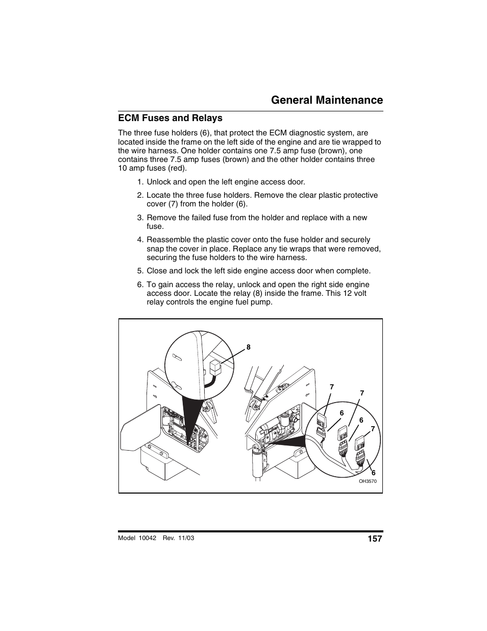 Ecm fuses and relays, Unlock and open the left engine access door, General maintenance | SkyTrak 10042 Operation Manual User Manual | Page 159 / 196
