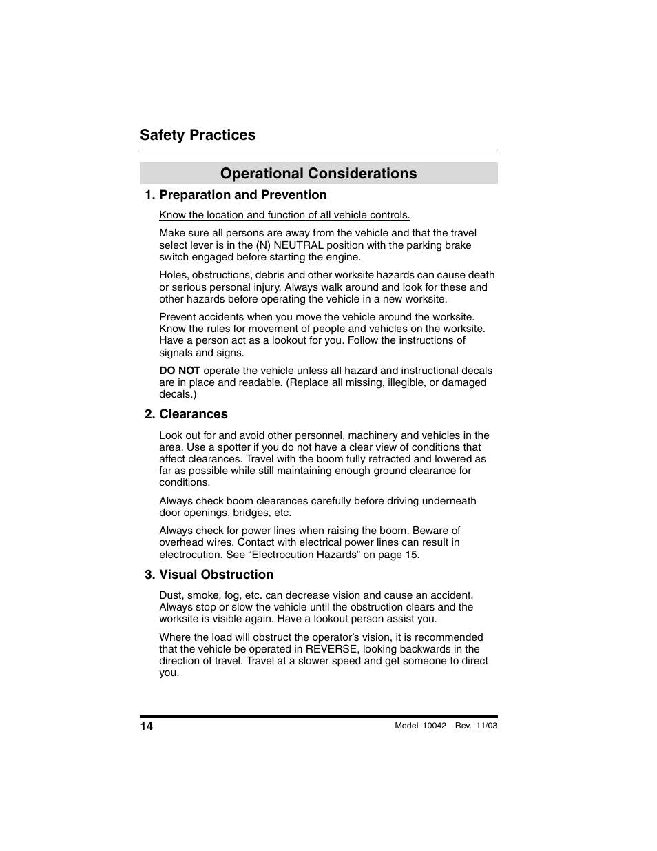 Operational considerations, Preparation and prevention, Clearances | Visual obstruction, Safety practices | SkyTrak 10042 Operation Manual User Manual | Page 16 / 196