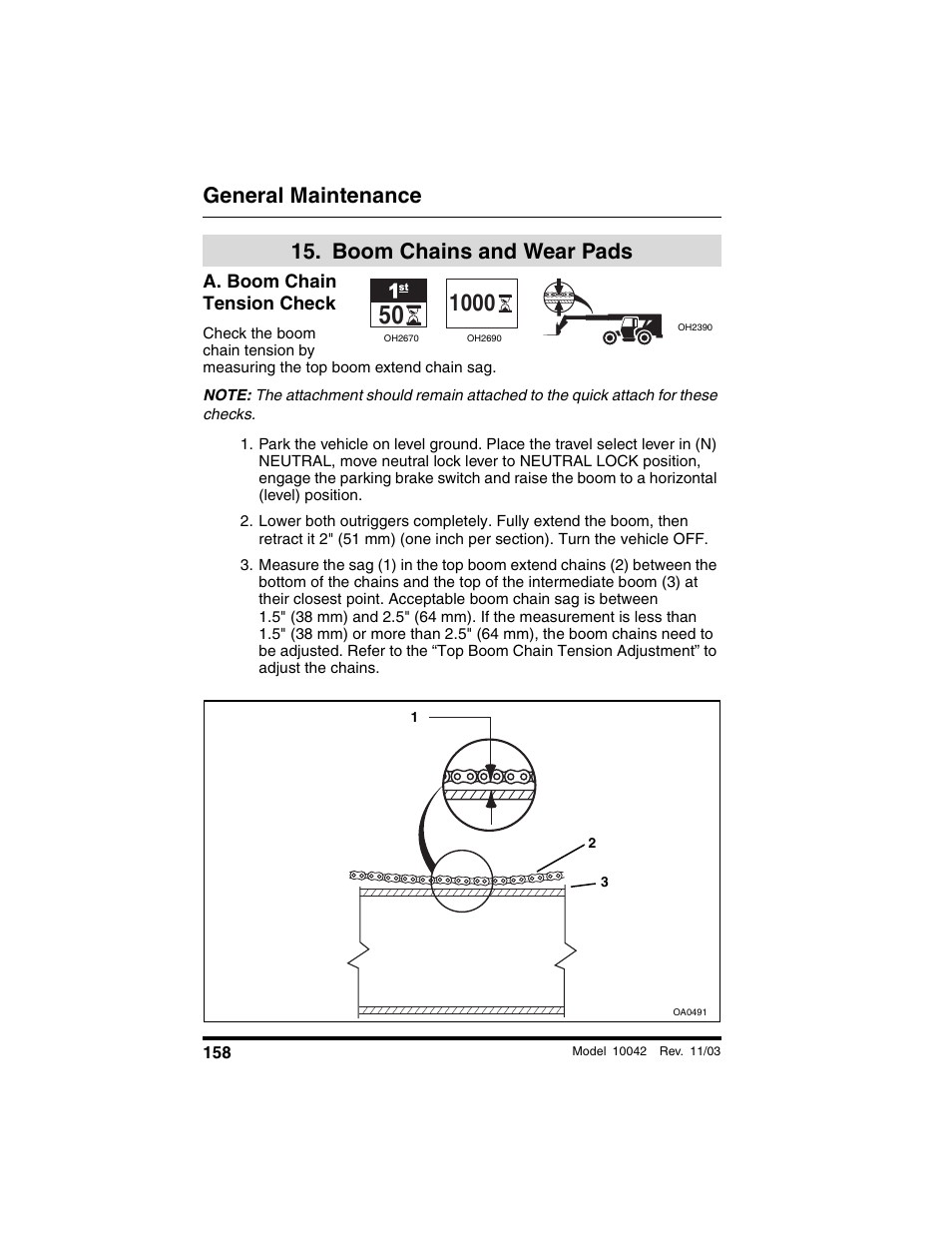  boom chains and wear pads, A. boom chain tension check, Boom chains and wear | Pads, General maintenance, Boom chains and wear pads | SkyTrak 10042 Operation Manual User Manual | Page 160 / 196