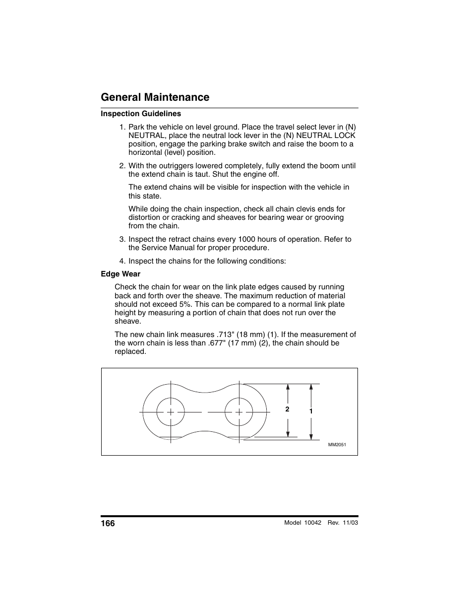 Inspect the chains for the following conditions, General maintenance | SkyTrak 10042 Operation Manual User Manual | Page 168 / 196