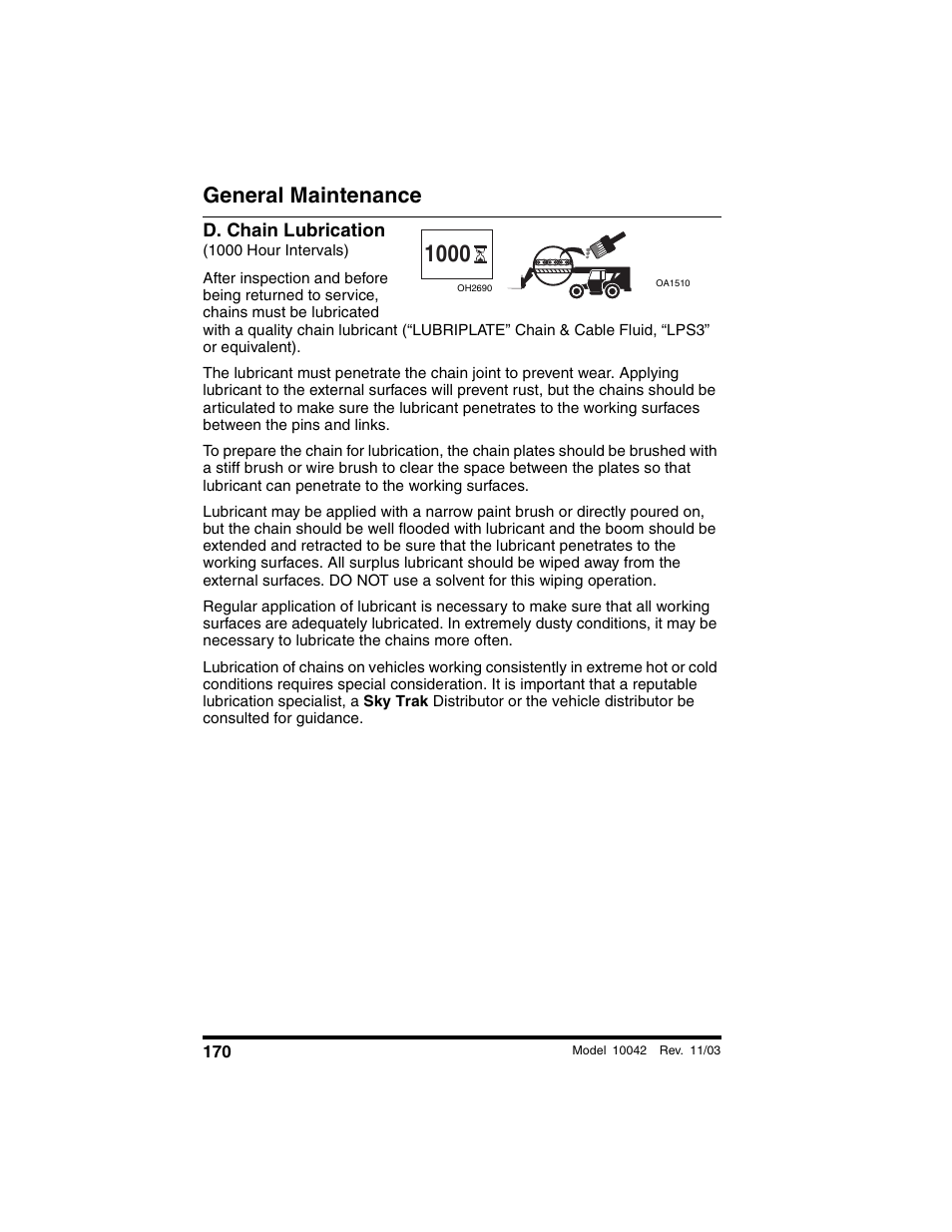 D. chain lubrication, 1000 hour intervals), General maintenance | SkyTrak 10042 Operation Manual User Manual | Page 172 / 196