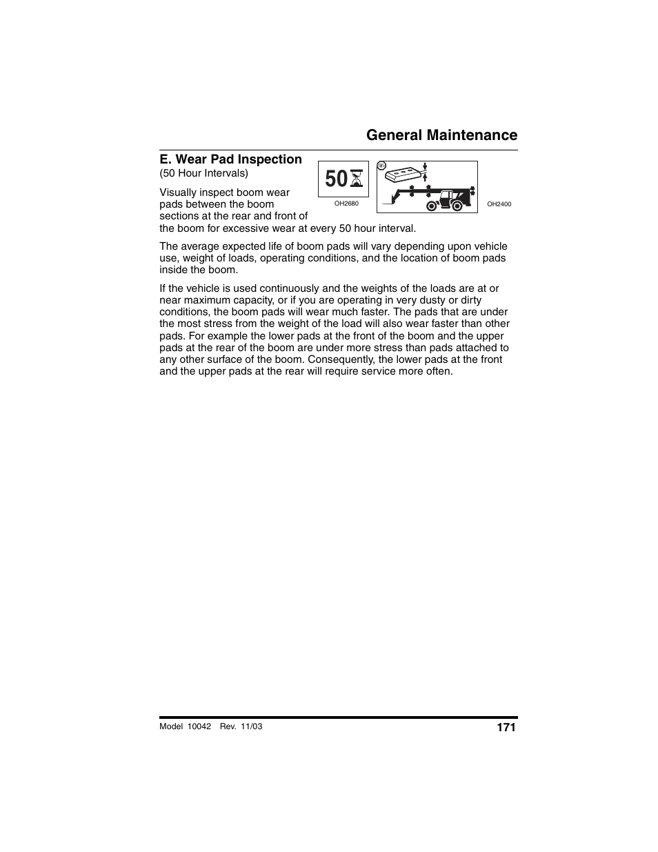 E. wear pad inspection, 50 hour intervals), General maintenance | SkyTrak 10042 Operation Manual User Manual | Page 173 / 196