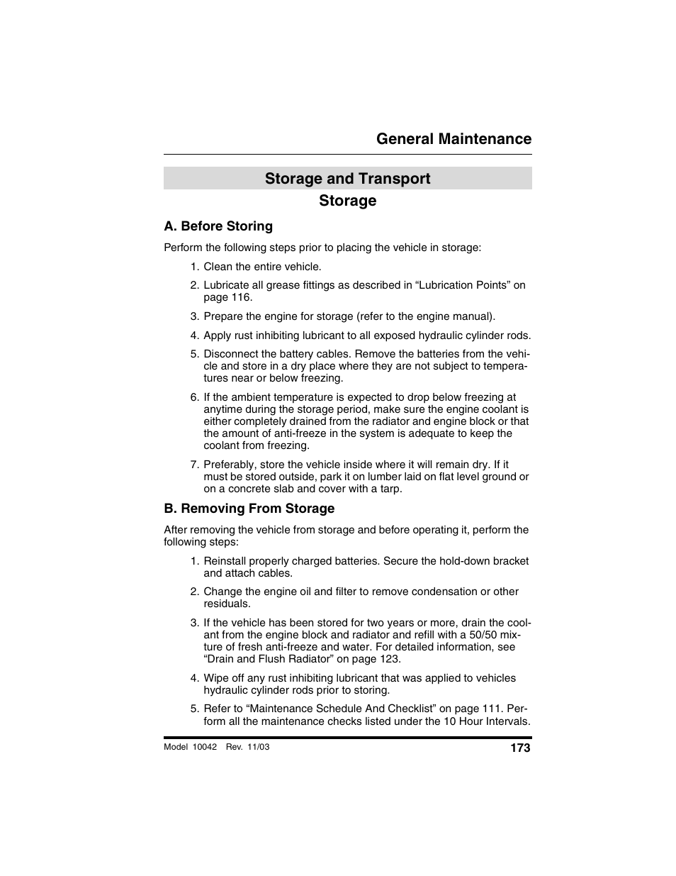 Storage and transport, Storage, A. before storing | Clean the entire vehicle, B. removing from storage, Storage and transport storage, General maintenance | SkyTrak 10042 Operation Manual User Manual | Page 175 / 196