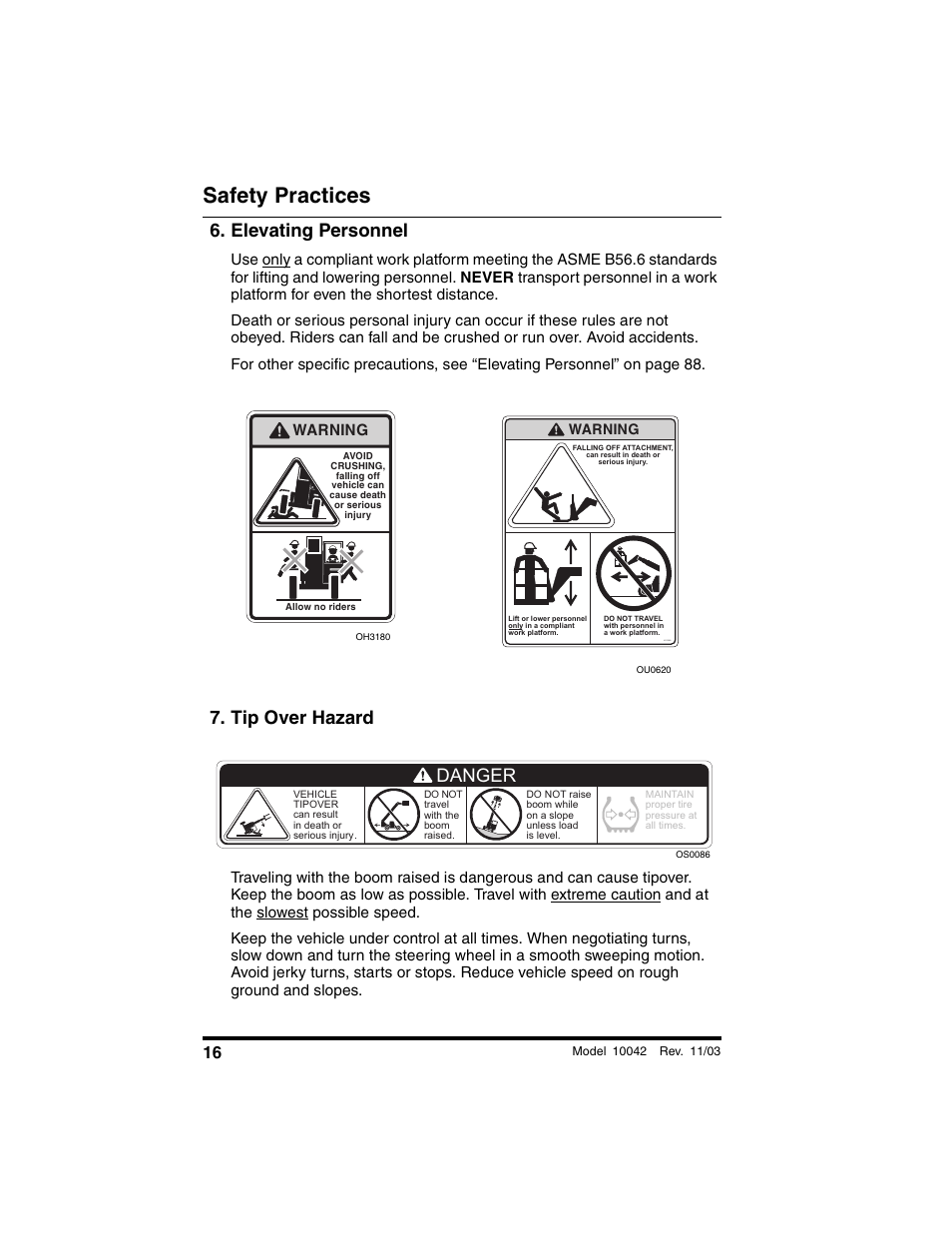 Elevating personnel, Tip over hazard, Safety practices | Danger | SkyTrak 10042 Operation Manual User Manual | Page 18 / 196