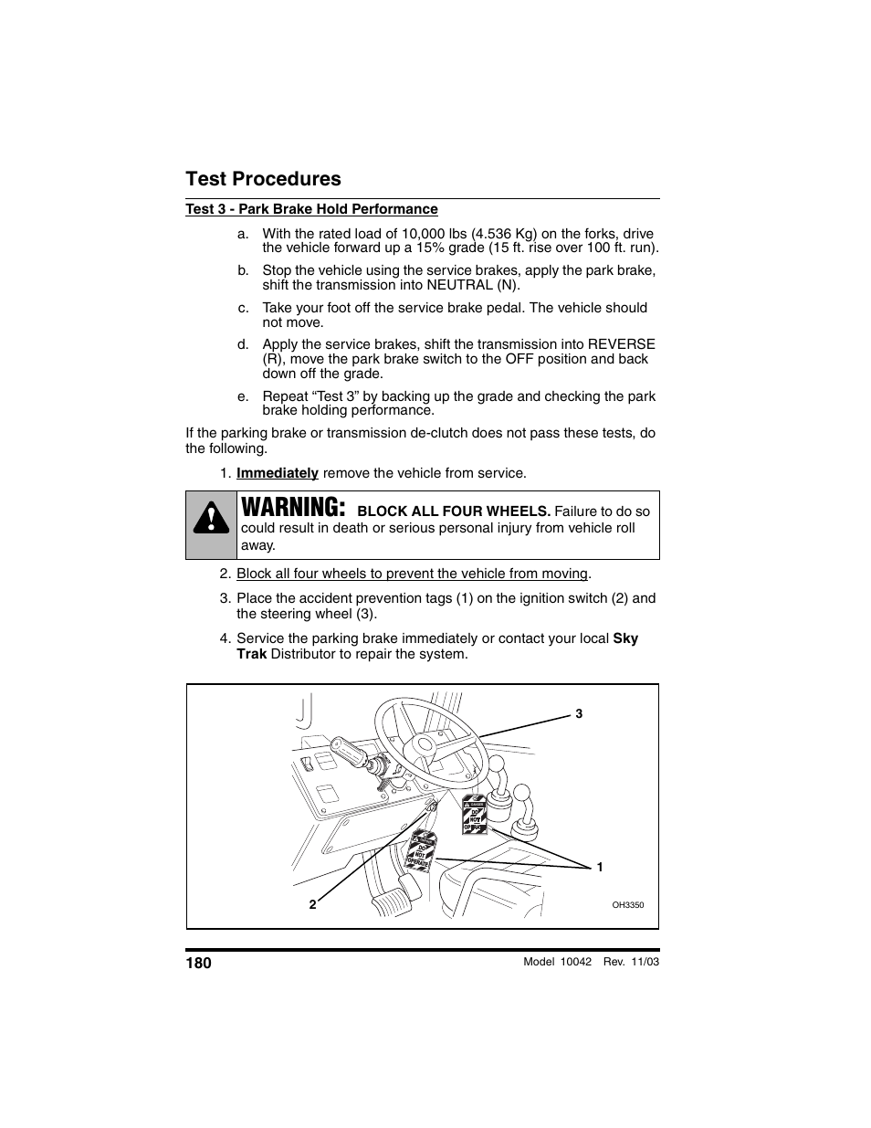 Immediately remove the vehicle from service, Warning, Test procedures | SkyTrak 10042 Operation Manual User Manual | Page 182 / 196