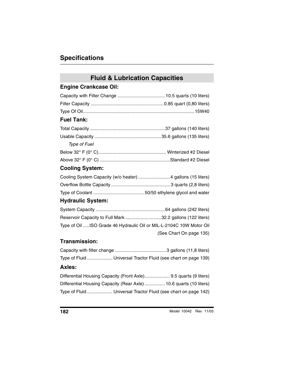 Specifications, Fluid & lubrication capacities, Engine crankcase oil | Fuel tank, Cooling system, Hydraulic system, Transmission, Axles | SkyTrak 10042 Operation Manual User Manual | Page 184 / 196
