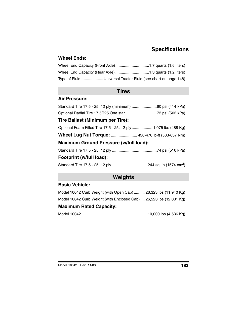 Wheel ends, Tires, Air pressure | Tire ballast (minimum per tire), Maximum ground pressure (w/full load), Footprint (w/full load), Weights, Basic vehicle, Tires weights, Specifications | SkyTrak 10042 Operation Manual User Manual | Page 185 / 196