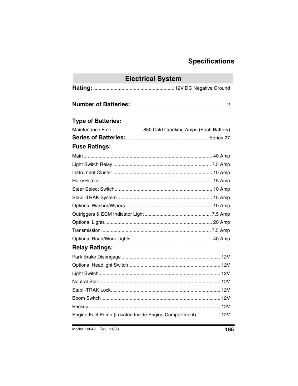 Electrical system, Fuse ratings, Relay ratings | Specifications | SkyTrak 10042 Operation Manual User Manual | Page 187 / 196