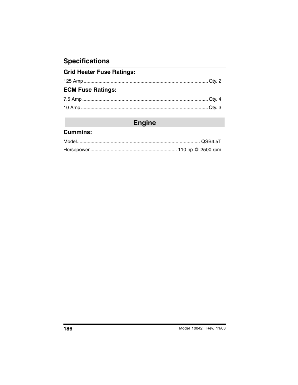 Grid heater fuse ratings, Ecm fuse ratings, Engine | Cummins, Specifications | SkyTrak 10042 Operation Manual User Manual | Page 188 / 196