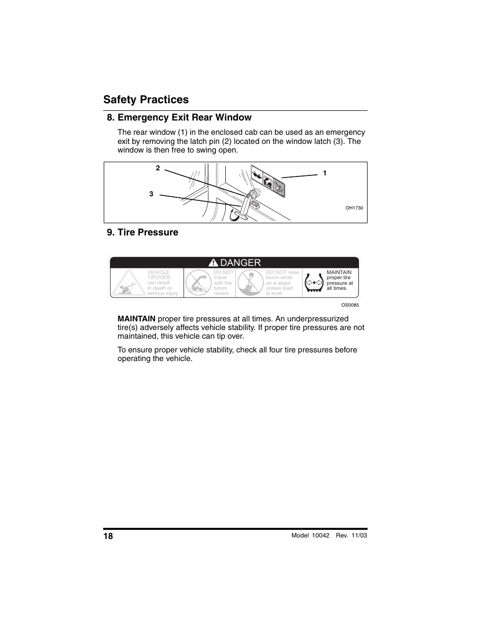 Emergency exit rear window, Tire pressure, Safety practices | Danger | SkyTrak 10042 Operation Manual User Manual | Page 20 / 196