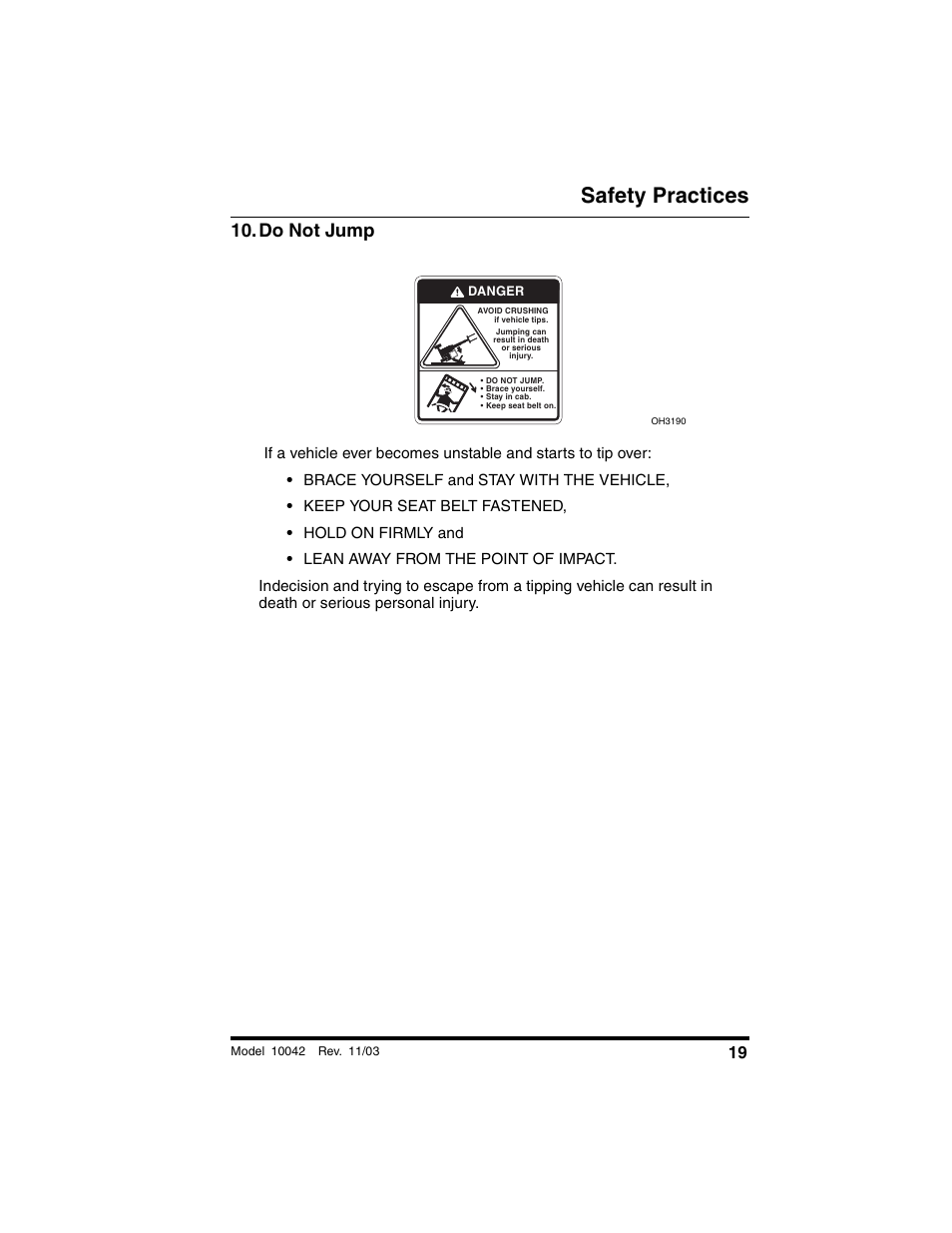 Do not jump, Safety practices | SkyTrak 10042 Operation Manual User Manual | Page 21 / 196