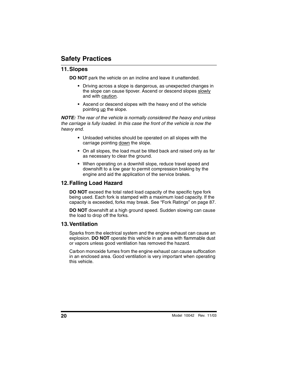 Slopes, Falling load hazard, Ventilation | Safety practices | SkyTrak 10042 Operation Manual User Manual | Page 22 / 196