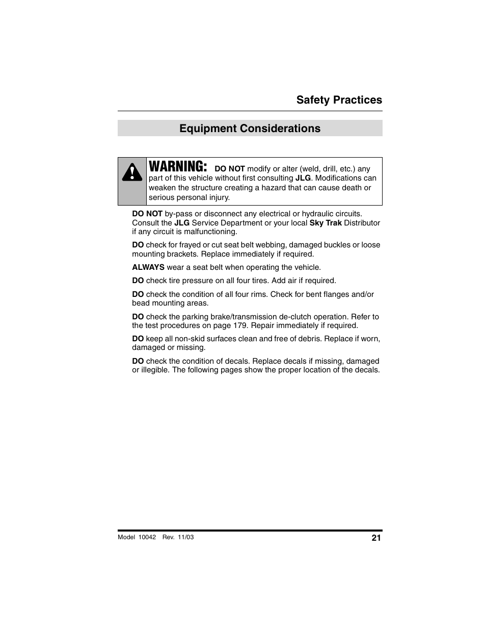 Equipment considerations, Warning, Safety practices | SkyTrak 10042 Operation Manual User Manual | Page 23 / 196