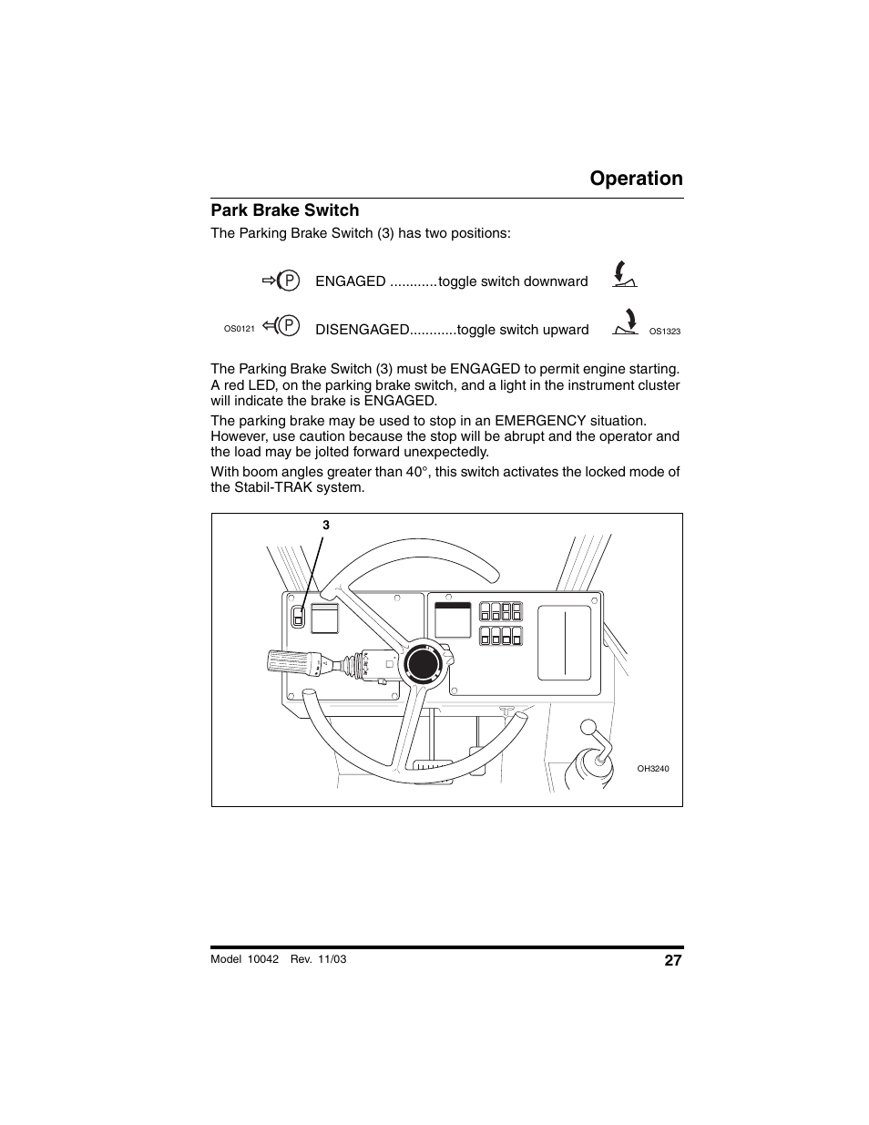 Park brake switch, Operation | SkyTrak 10042 Operation Manual User Manual | Page 29 / 196