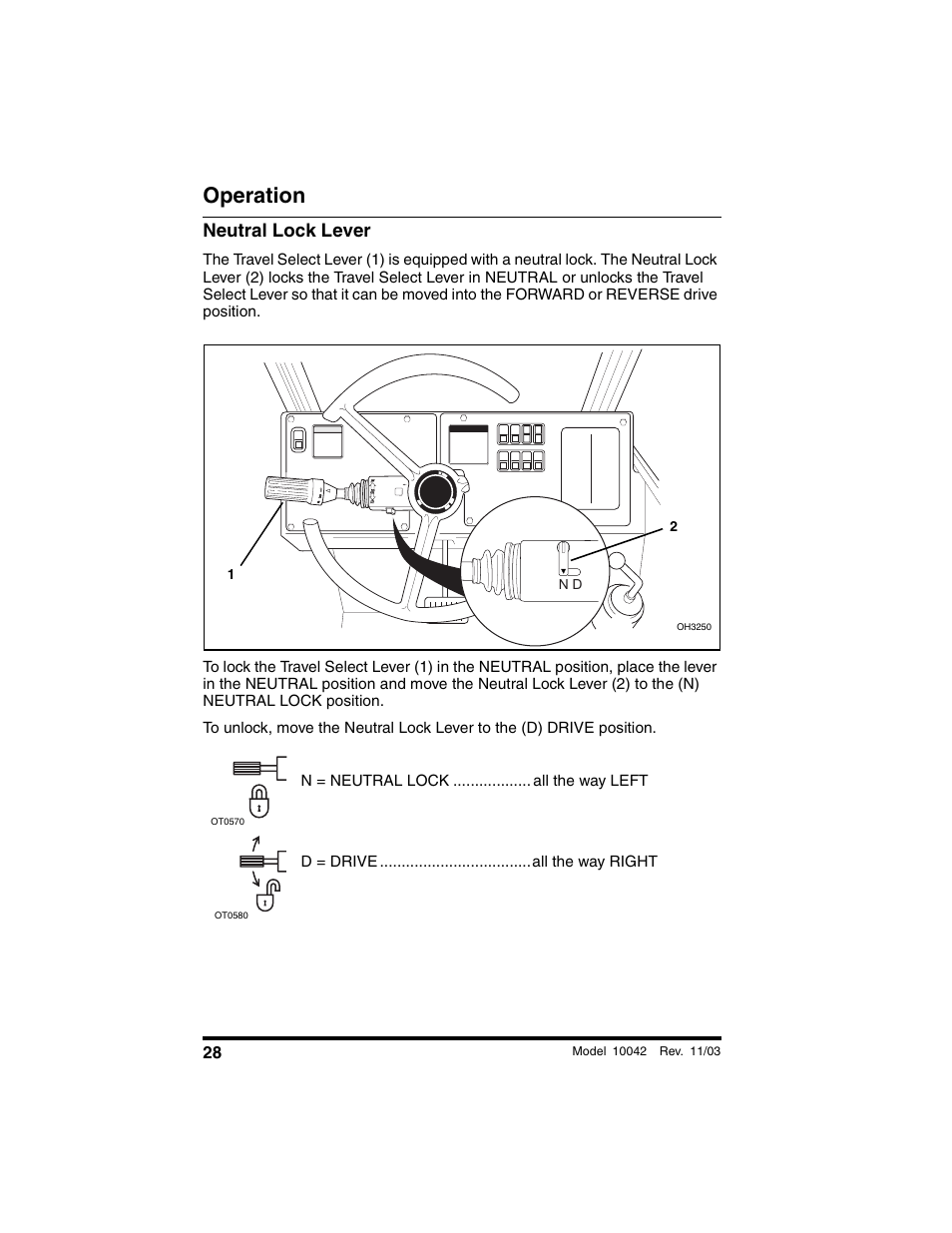 Neutral lock lever, Operation | SkyTrak 10042 Operation Manual User Manual | Page 30 / 196