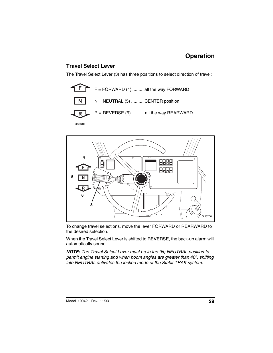 Travel select lever, Operation | SkyTrak 10042 Operation Manual User Manual | Page 31 / 196