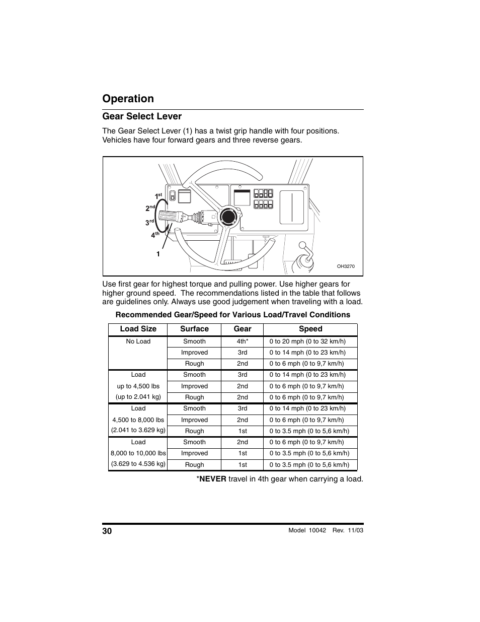 Gear select lever, Load size, Surface | Gear, Speed, No load, Smooth, 0 to 20 mph (0 to 32 km/h), Improved, 0 to 14 mph (0 to 23 km/h) | SkyTrak 10042 Operation Manual User Manual | Page 32 / 196