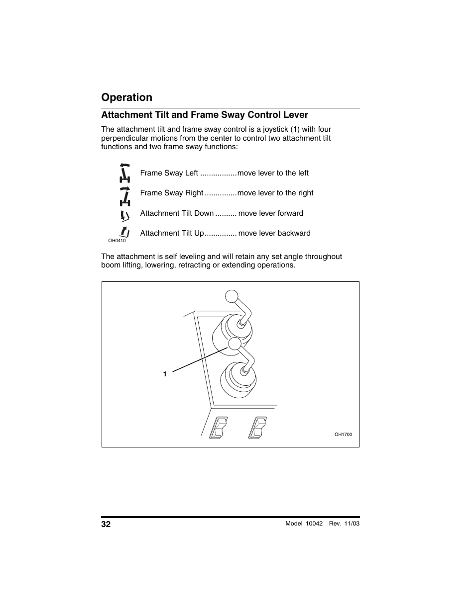 Attachment tilt and frame sway control lever, Operation | SkyTrak 10042 Operation Manual User Manual | Page 34 / 196