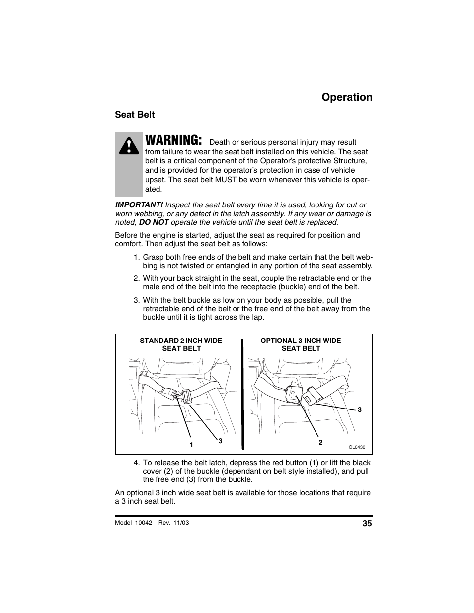 Seat belt, Warning, Operation | SkyTrak 10042 Operation Manual User Manual | Page 37 / 196