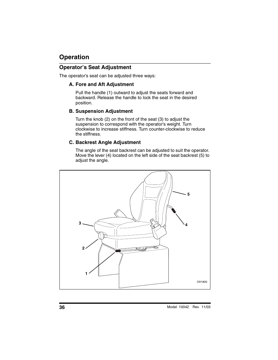 Operator’s seat adjustment, A. fore and aft adjustment, B. suspension adjustment | C. backrest angle adjustment, Operation | SkyTrak 10042 Operation Manual User Manual | Page 38 / 196