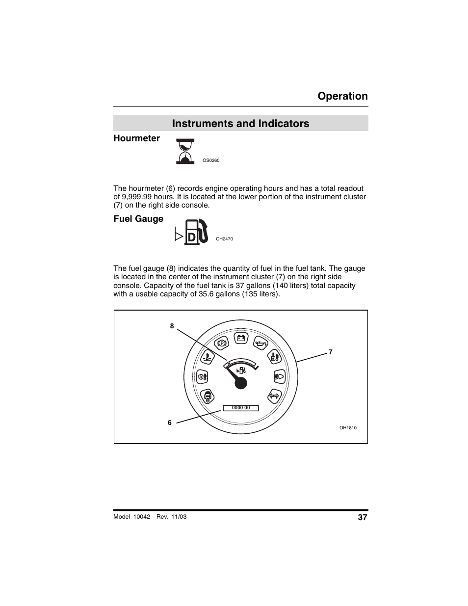 Instruments and indicators, Hourmeter, Fuel gauge | Operation | SkyTrak 10042 Operation Manual User Manual | Page 39 / 196
