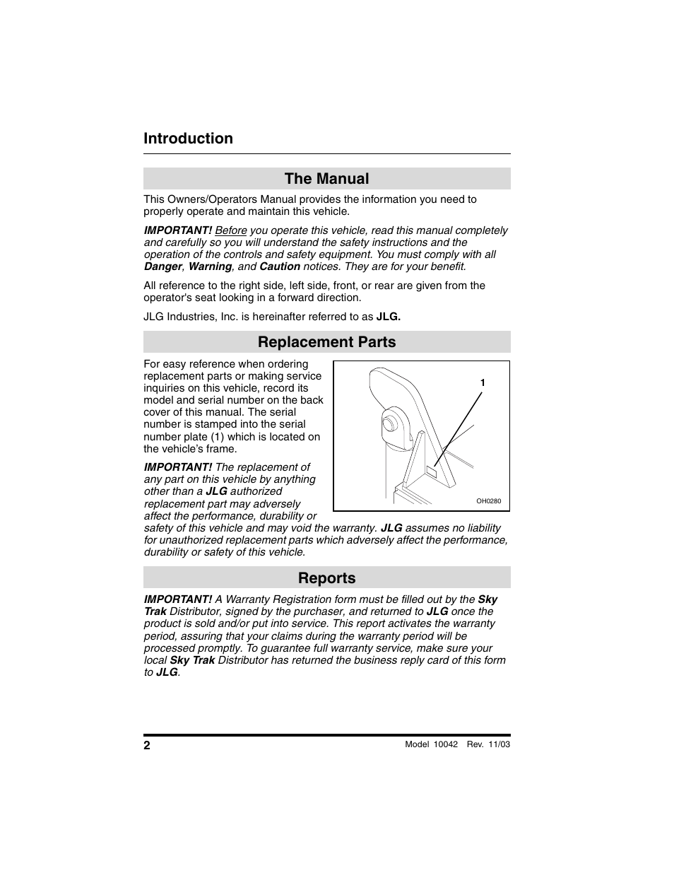 Introduction, The manual, Replacement parts | Reports, The manual replacement parts reports | SkyTrak 10042 Operation Manual User Manual | Page 4 / 196