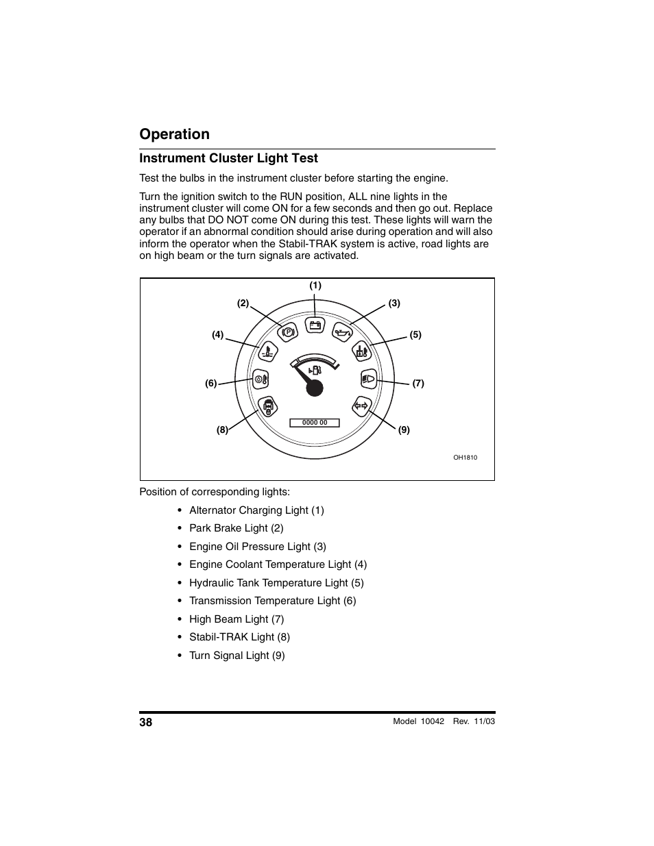 Instrument cluster light test, Operation | SkyTrak 10042 Operation Manual User Manual | Page 40 / 196