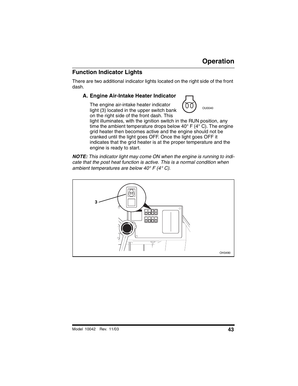 Function indicator lights, A. engine air-intake heater indicator, Operation | SkyTrak 10042 Operation Manual User Manual | Page 45 / 196